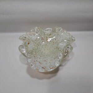 Murano White Clear Gold Flakes Pinched Scalloped Edge Bowl Bonbon Candy